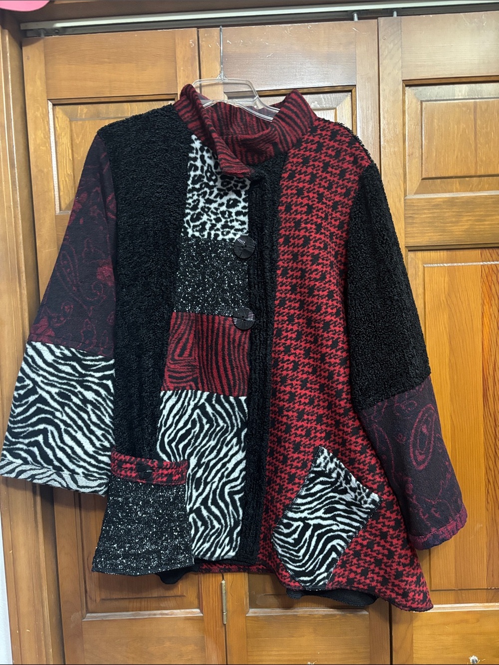 Ali Miles Red and Black Patchwork Cardigan with Zebra Accents